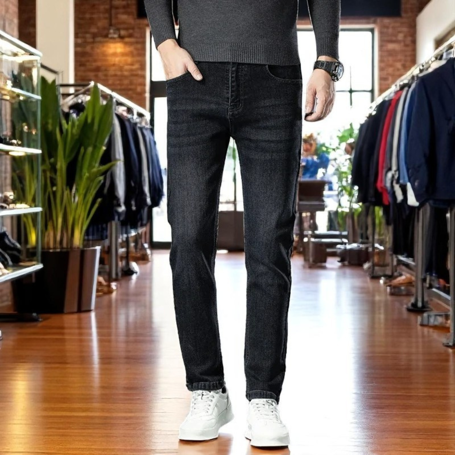 Men stretch straight jeans street style look – The Crew