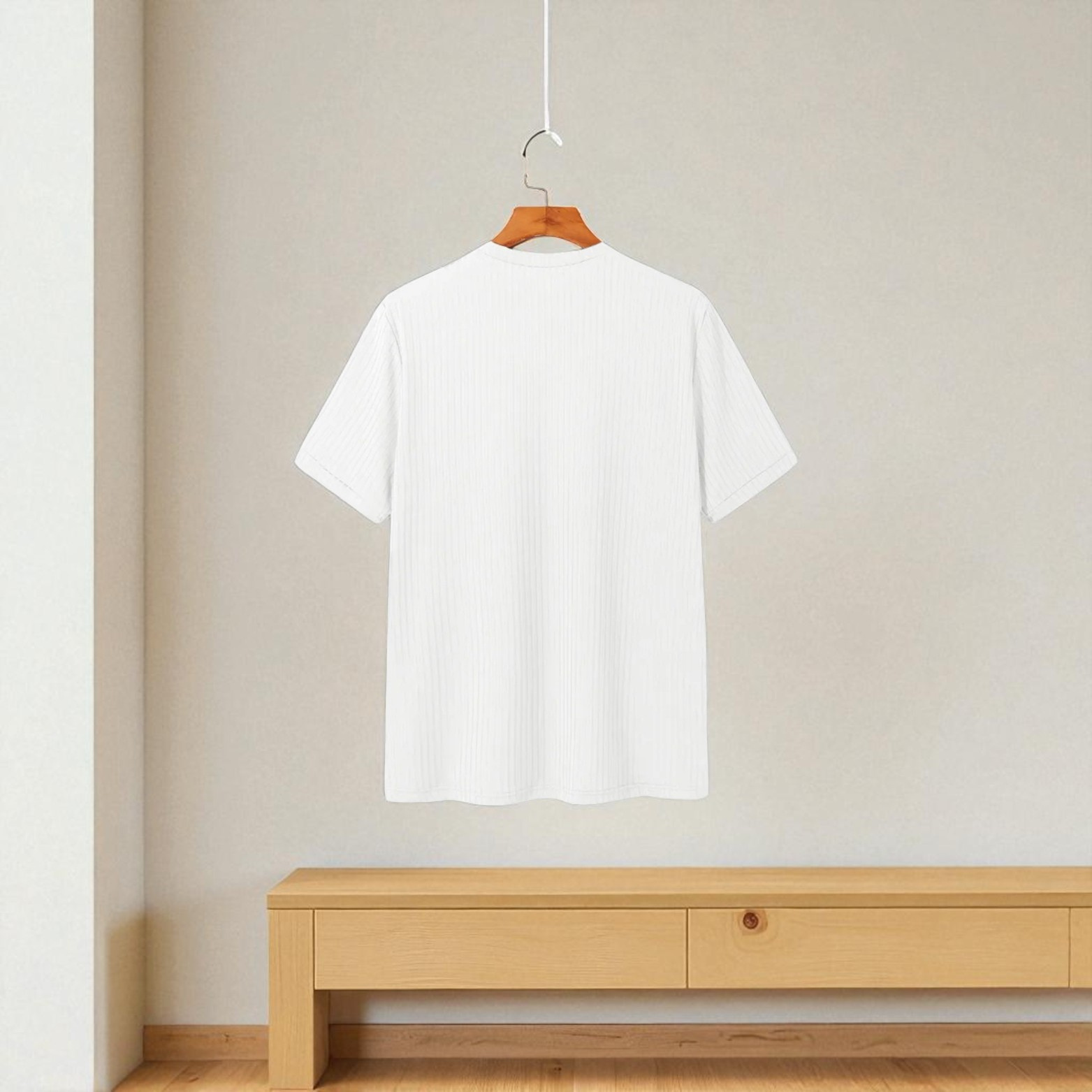 White minimalist men t-shirt hanging display – The Crew