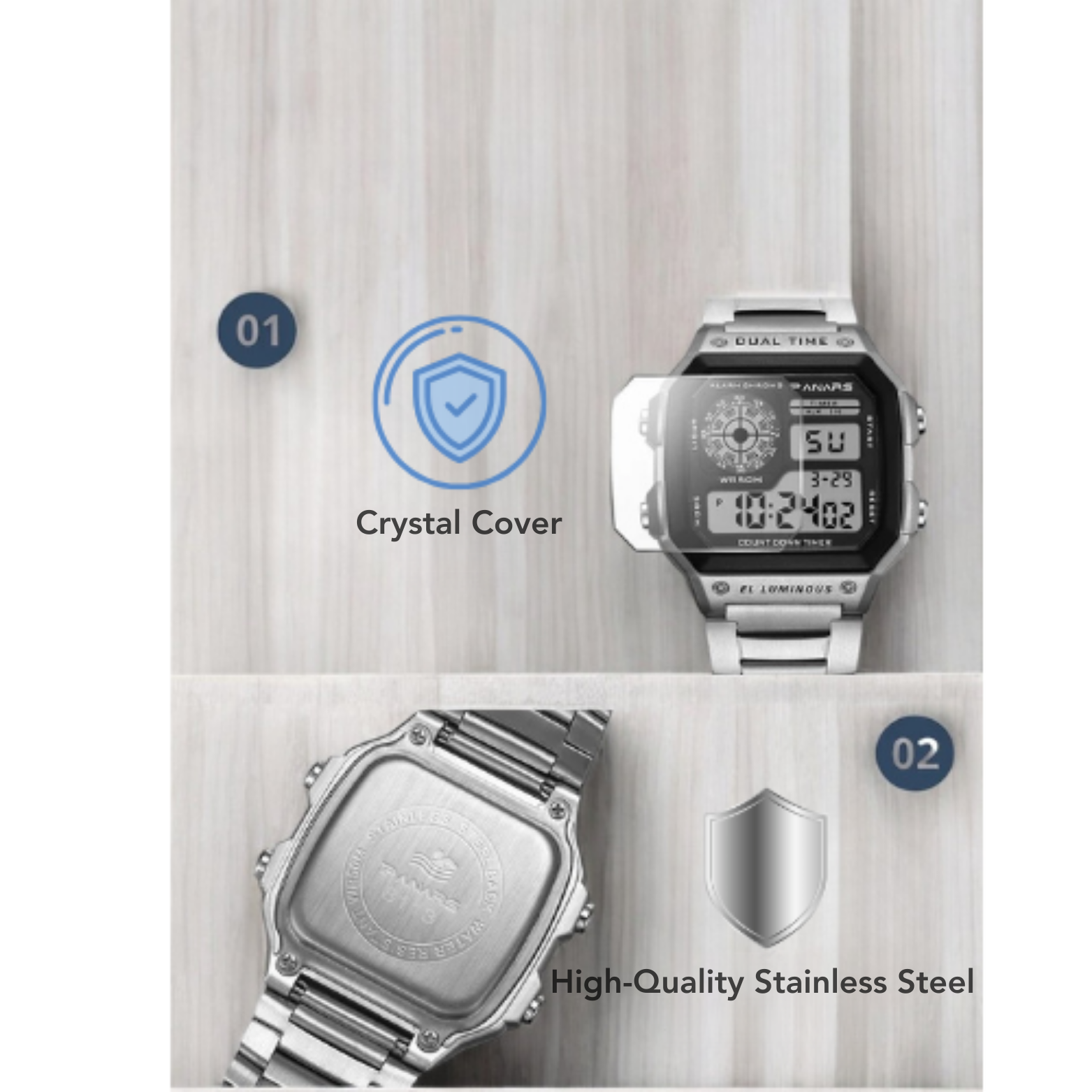 PANARS Stainless Steel Digital Watch Packaging Contents – The Crew