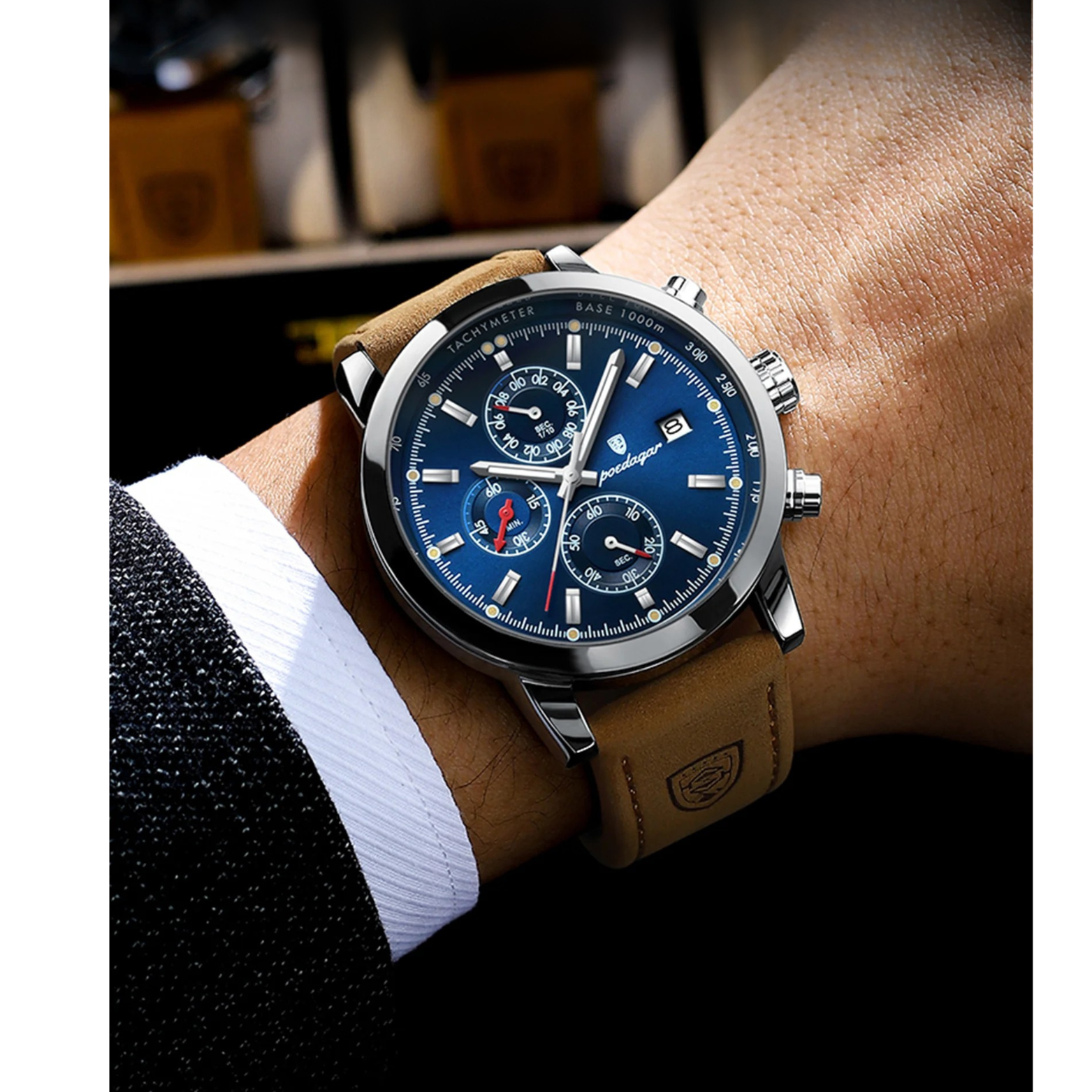 POEDAGAR 932 Leather Chronograph Blue Dial Wrist Shot – The Crew
