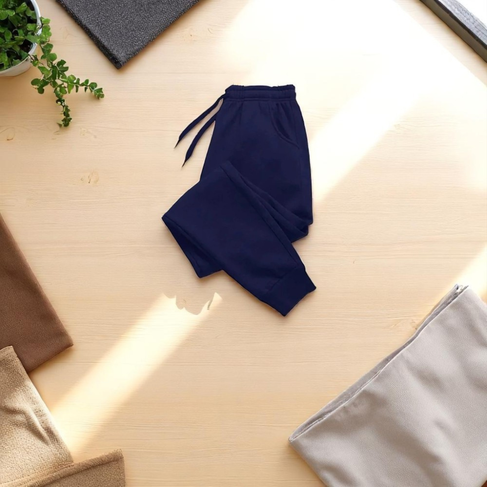 Men jogger pants navy flat lay product view – The Crew