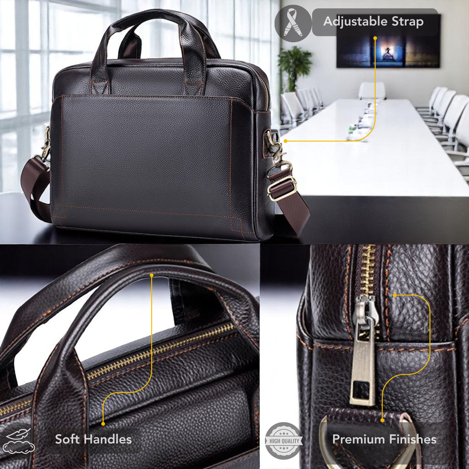 Men’s Leather Executive Bag Strap and Zipper Detail – The Crew