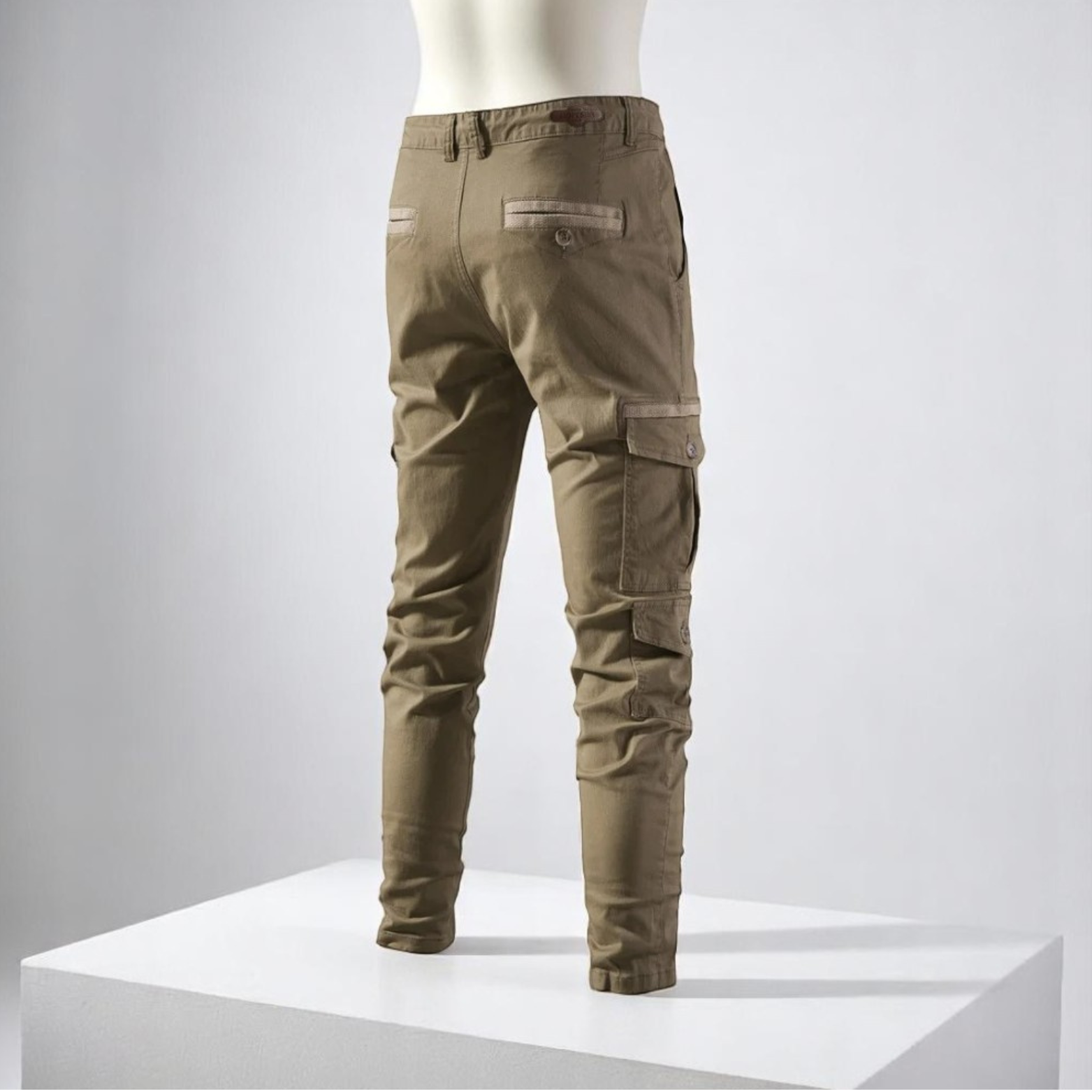 Men’s Khaki Cargo Pants Studio Back View Display – The Crew