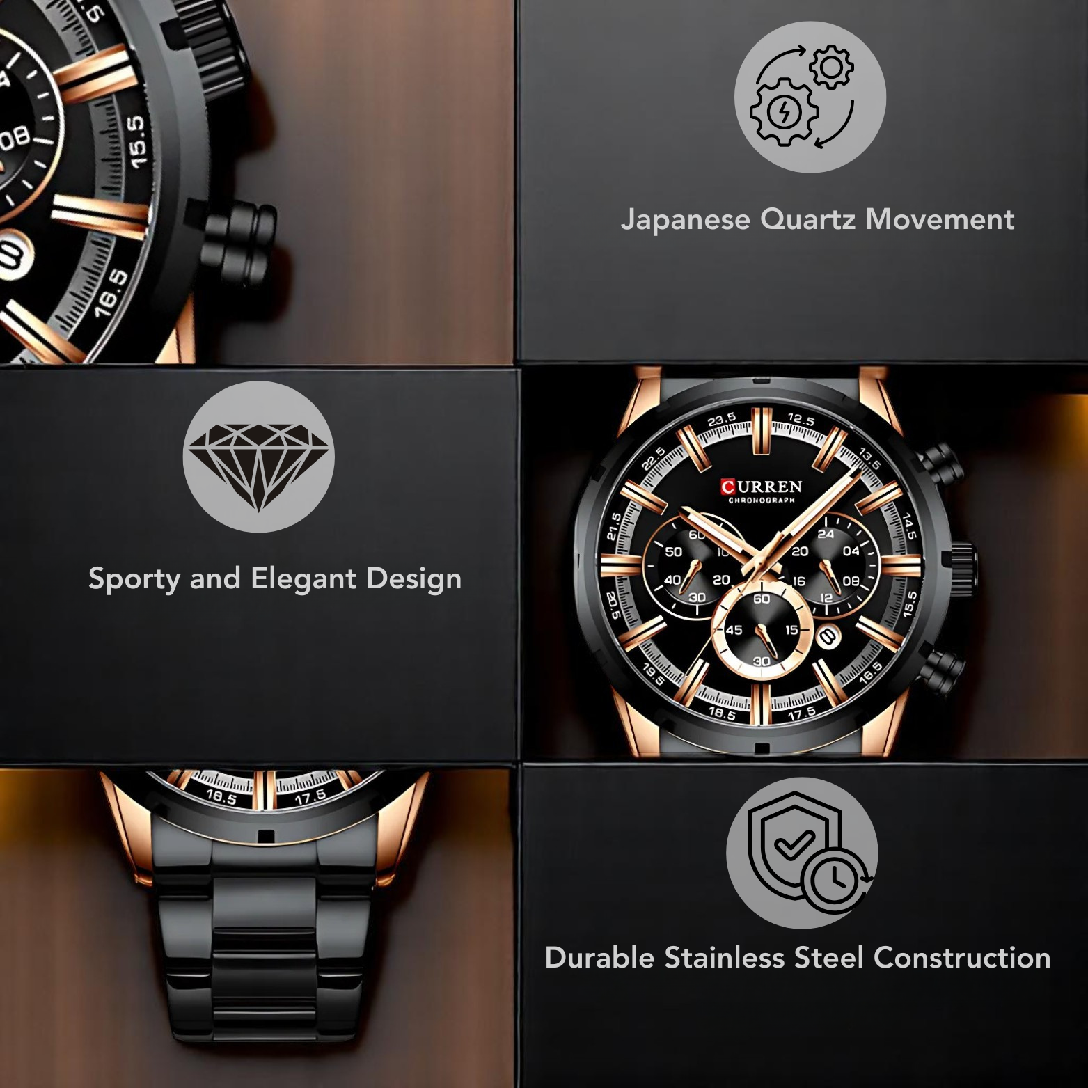 Curren Stainless Steel Chronograph Watch Close-Up – The Crew