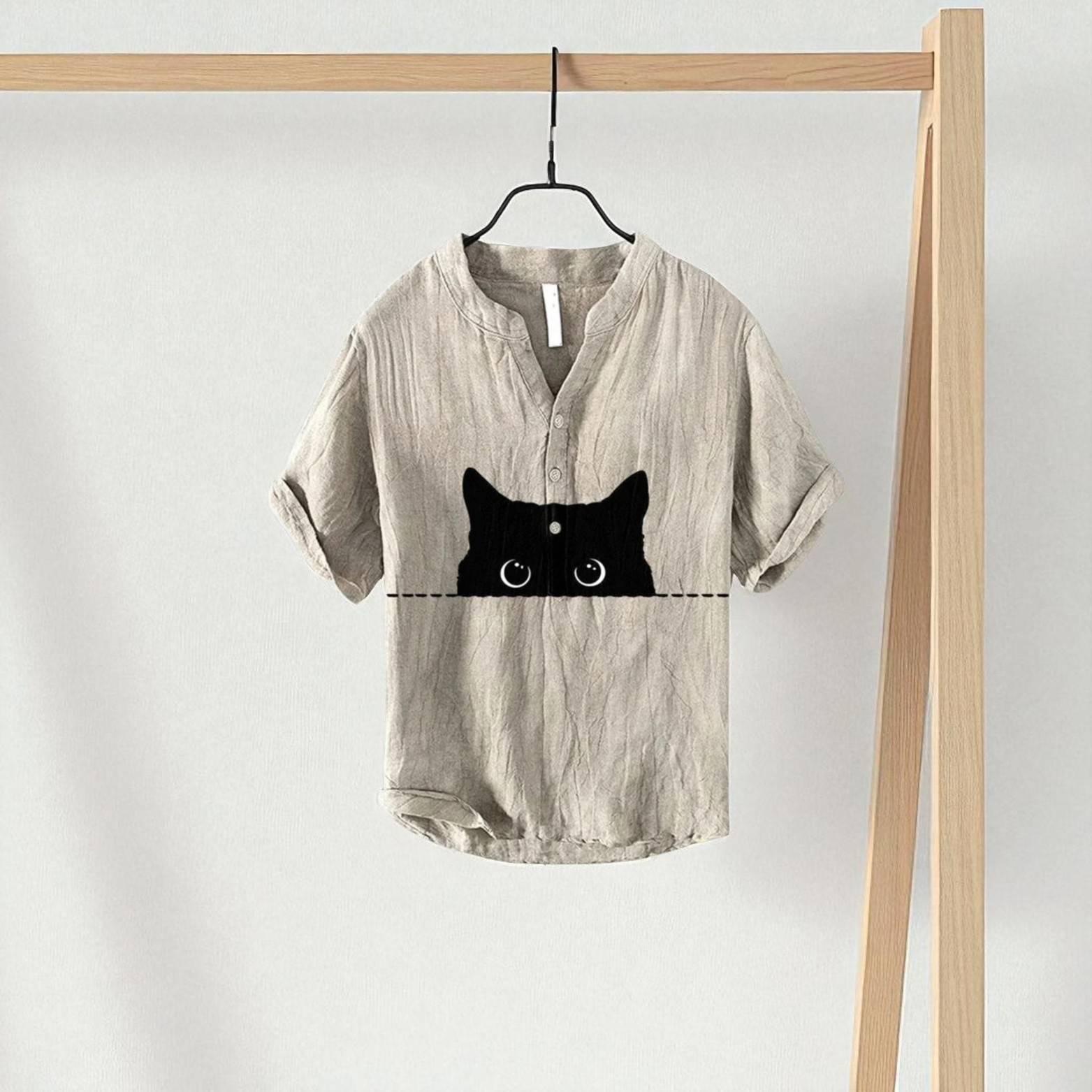 Beige Men’s Linen Shirt Cat Art Hanging – The Crew