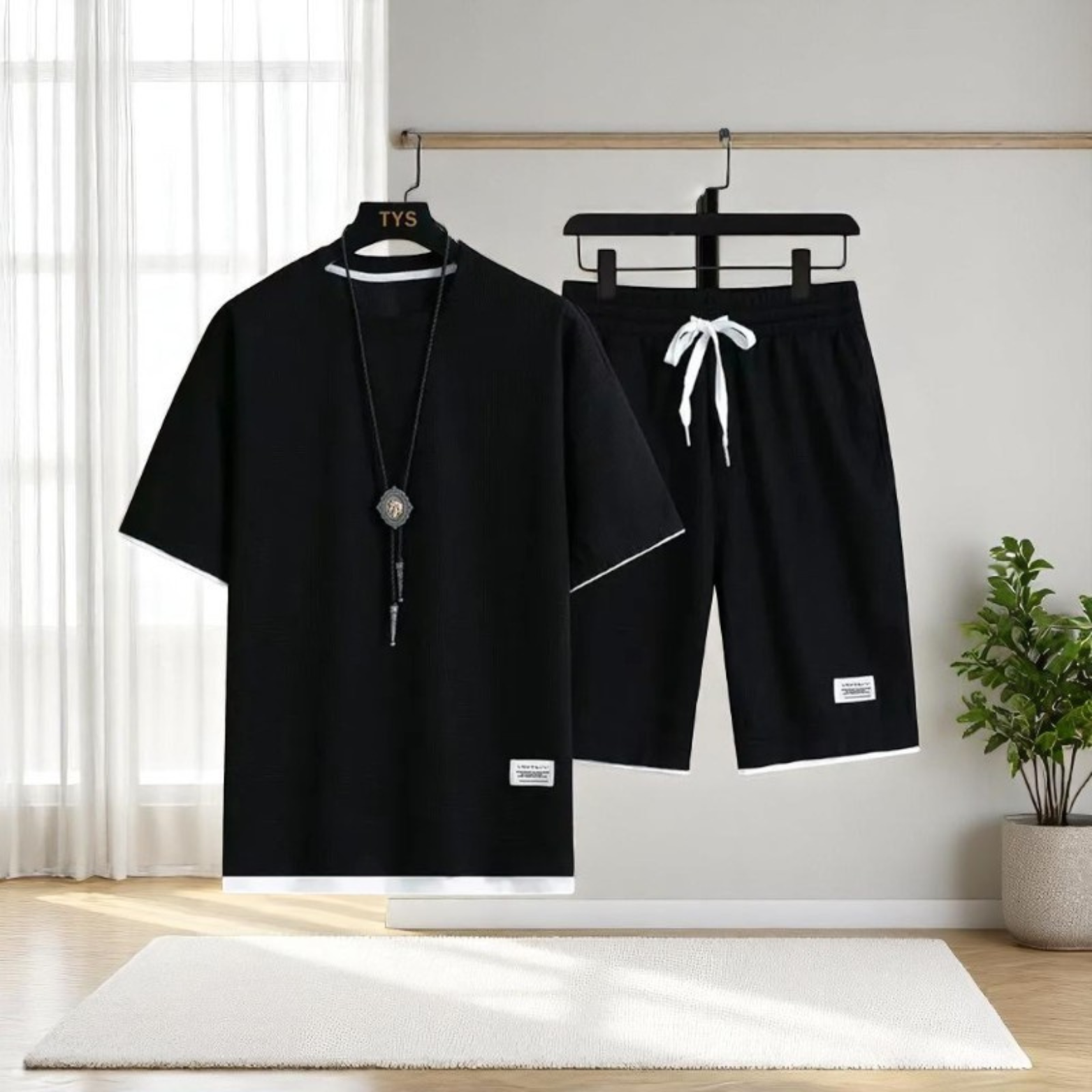 Men summer waffle set black lifestyle look – The Crew