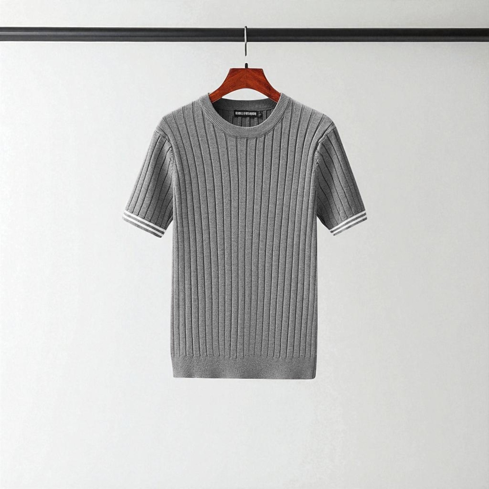 White Cotton Knit T-Shirt with Geometric Band – The Crew