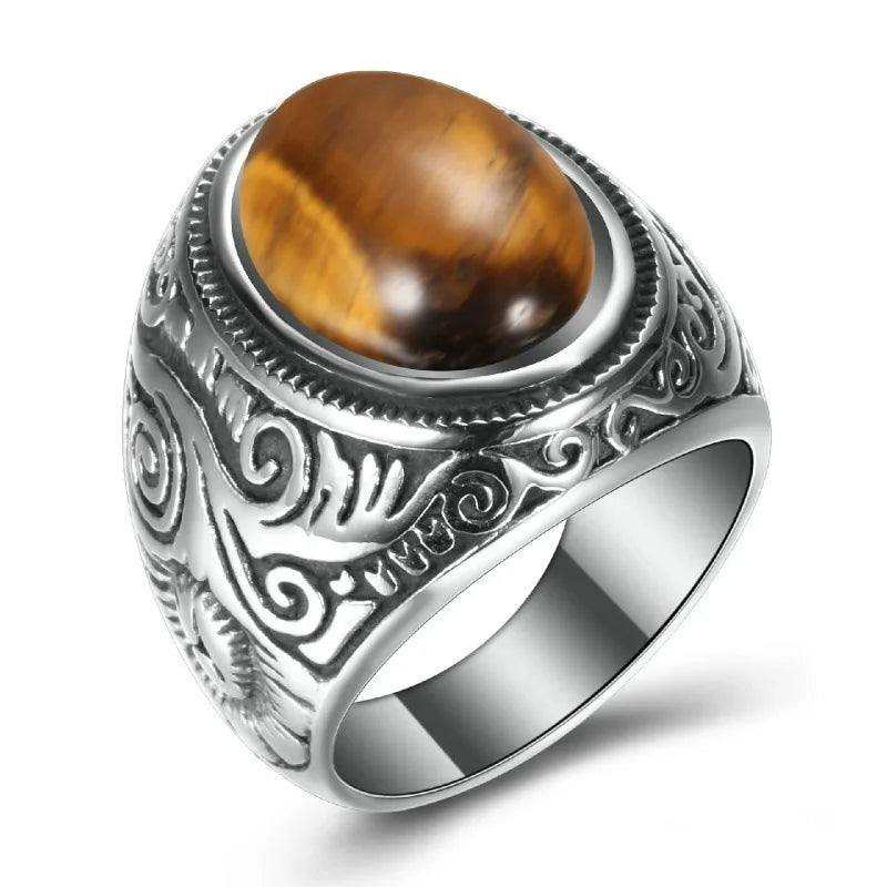 Vintage natural stone ring tiger eye front – The Crew