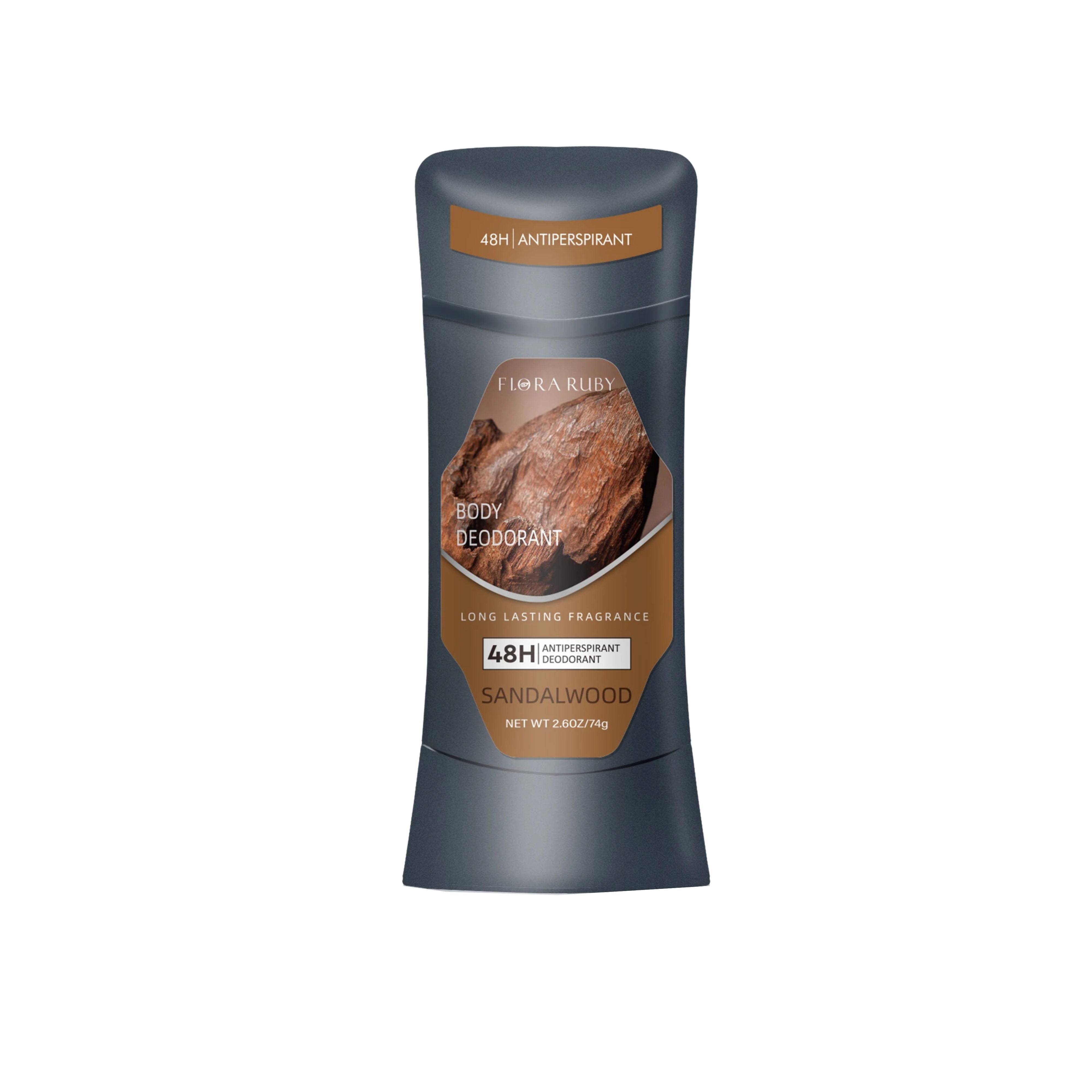 Front view of a sleek dark gray men's Sandalwood antiperspirant deodorant stick with a wood graphic texture