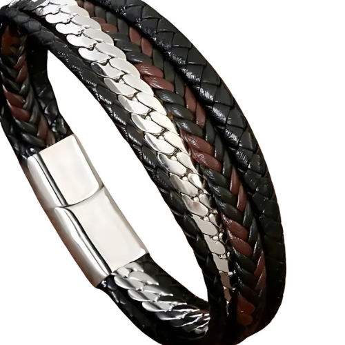 Black leather braided bracelet with steel detail – The Crew