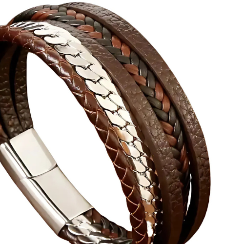 Brown leather steel bracelet front view – The Crew