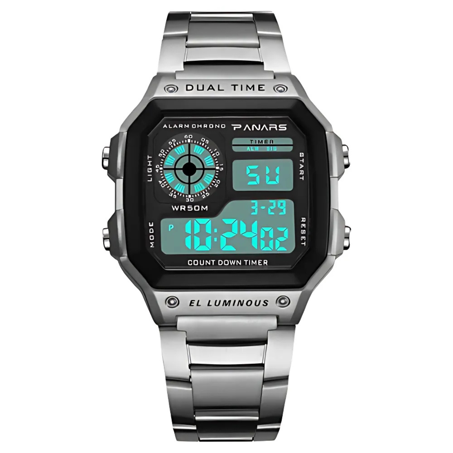 PANARS Silver Stainless Steel Digital Watch Front View – The Crew