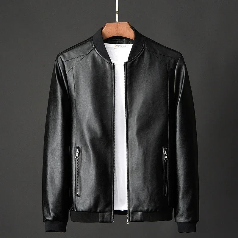 Black slim fit PU leather jacket front – The Crew