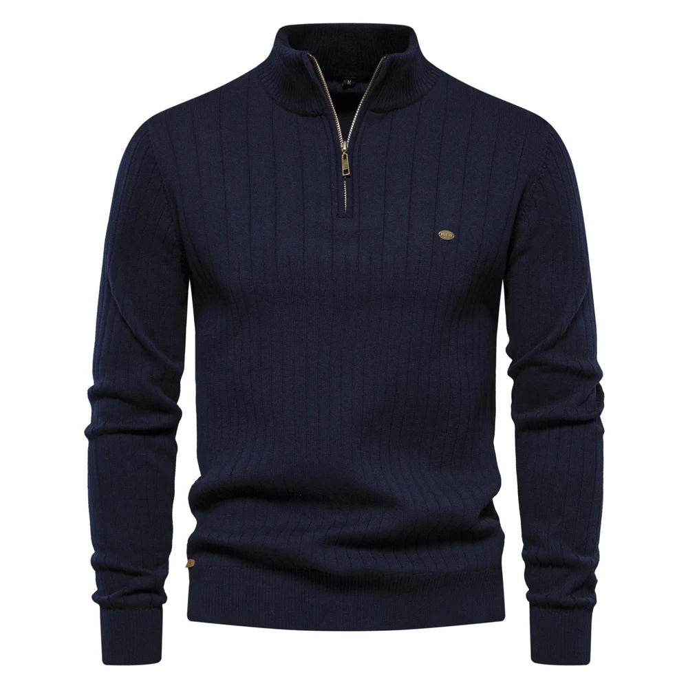 Navy blue high neck zip sweater front – The Crew