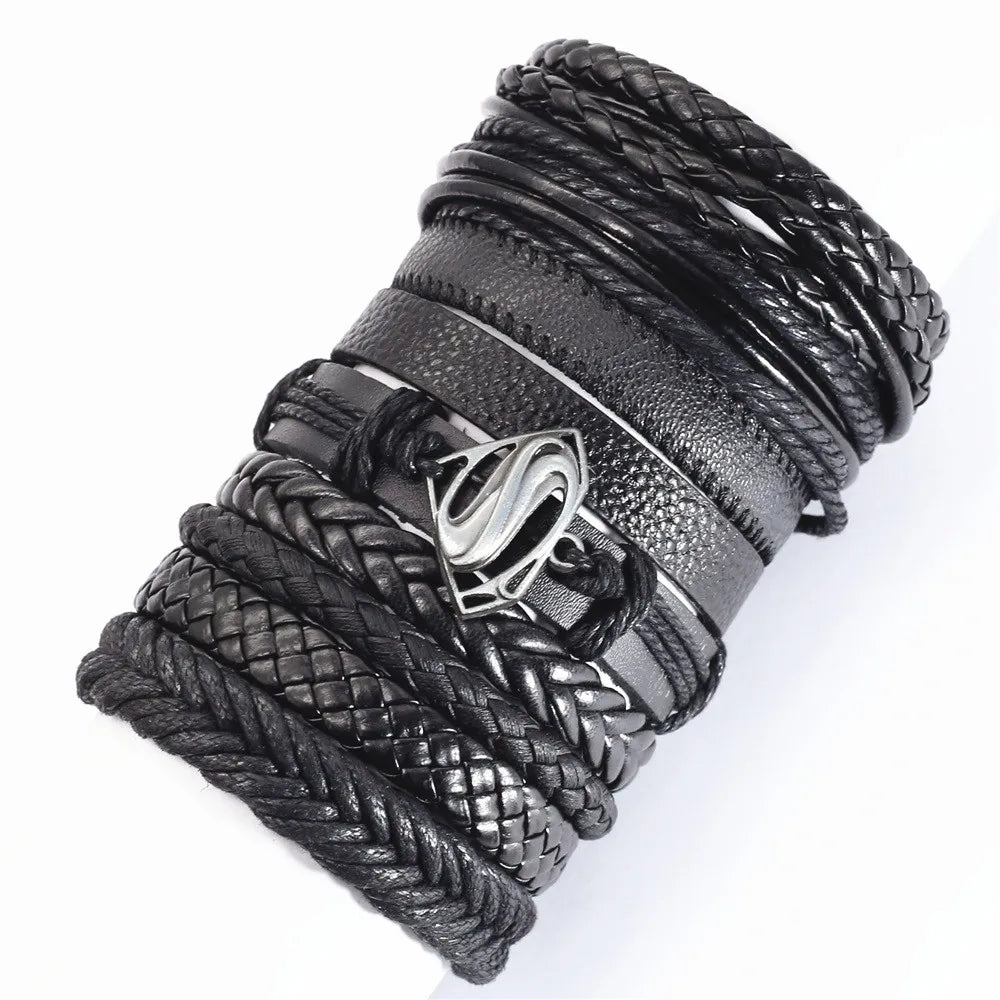 Black leather bracelet set with metal charm – The Crew