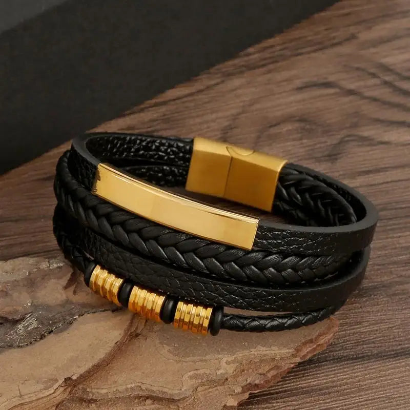 Braided leather bracelet wooden table close-up – The Crew