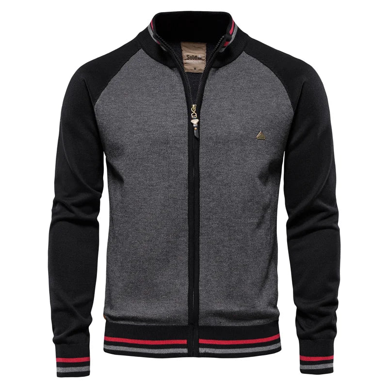 Gray and black cotton zip cardigan front view men – The Crew