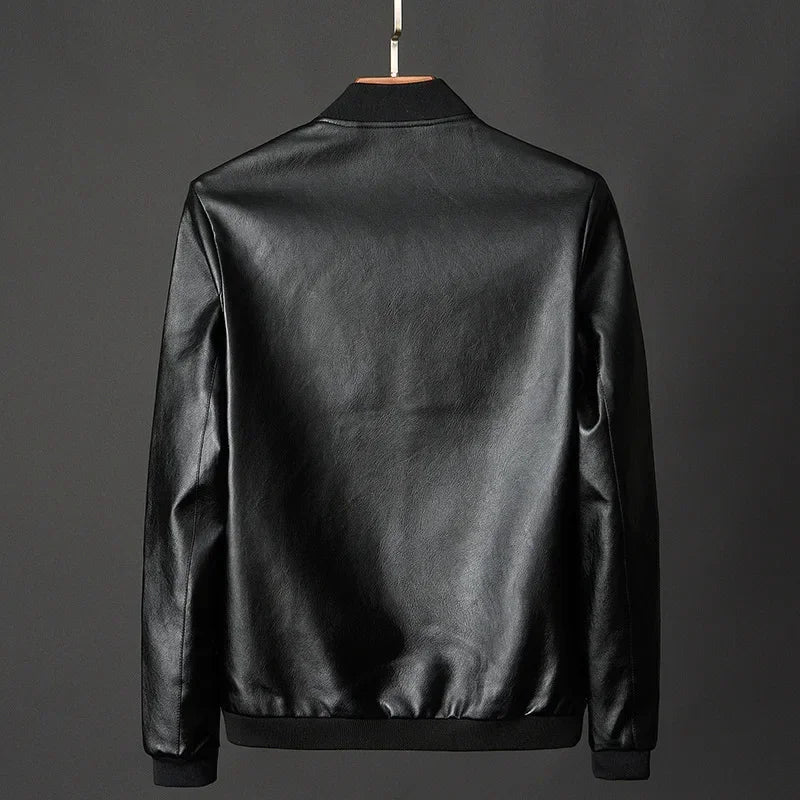 Black PU leather jacket back view – The Crew
