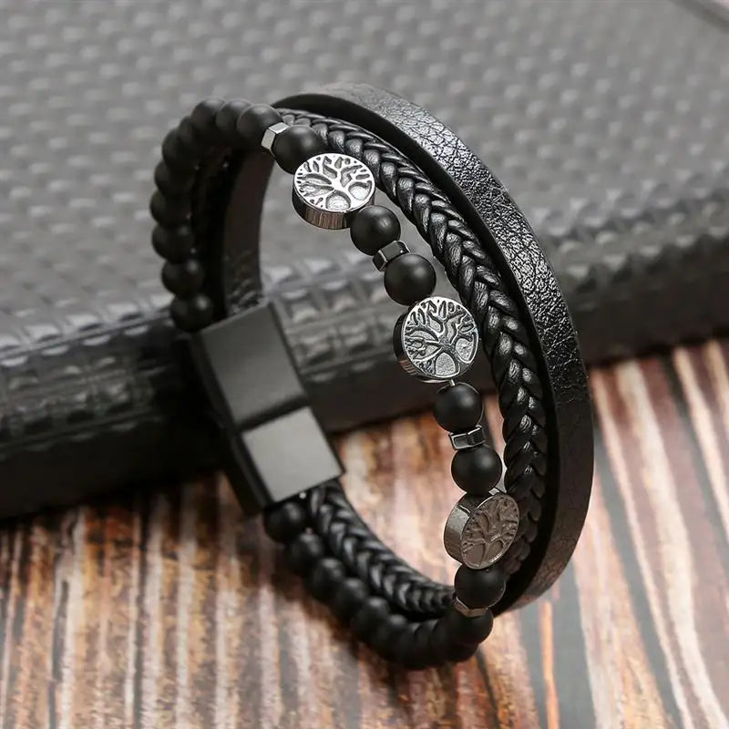 Black leather braided bracelet on display stand – The Crew