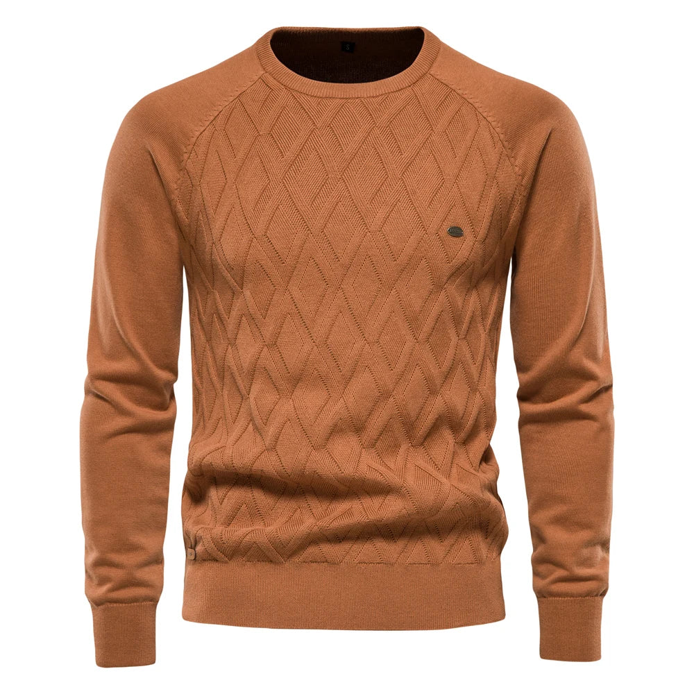 Men’s Brown Diamond Knit Cotton Sweater – The Crew