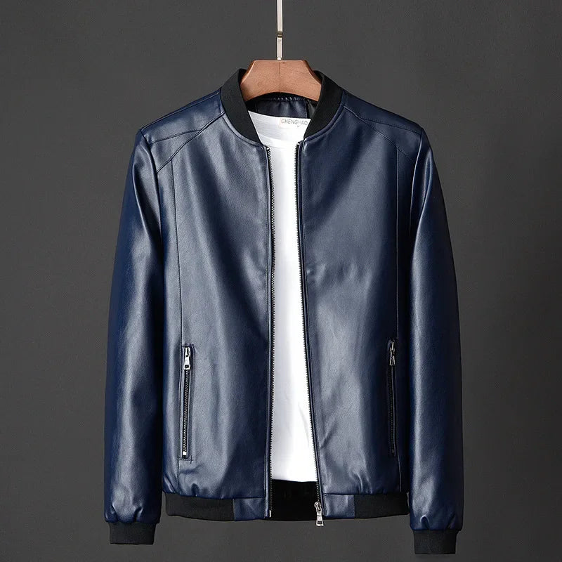 Navy blue slim fit PU leather jacket front – The Crew