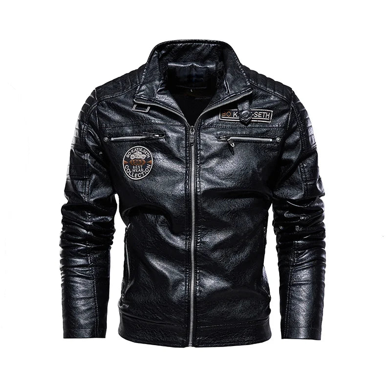 Black faux leather biker jacket front view men – The Crew