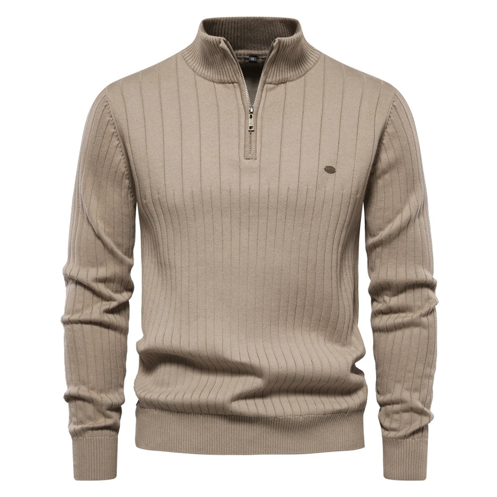 Beige zip sweater back view men – The Crew