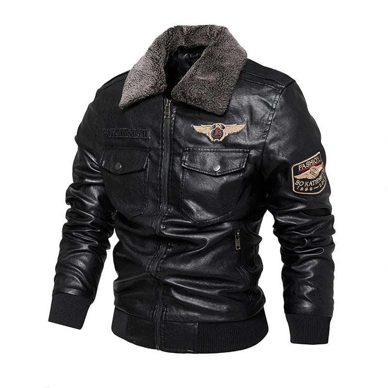 Black faux leather biker jacket front display – The Crew