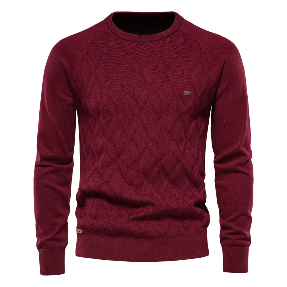 Men’s Burgundy Diamond Knit Cotton Sweater – The Crew