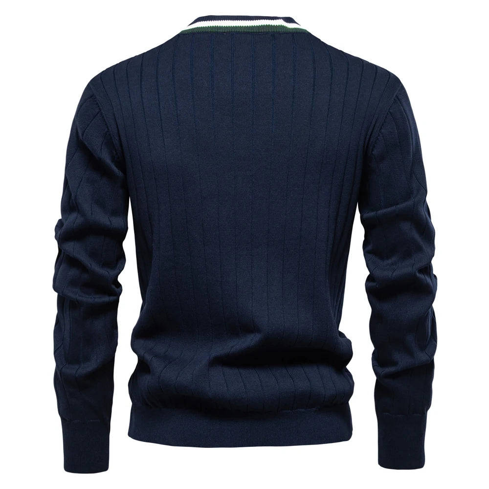 Men’s Navy V Neck Cotton Cardigan Back View – The Crew