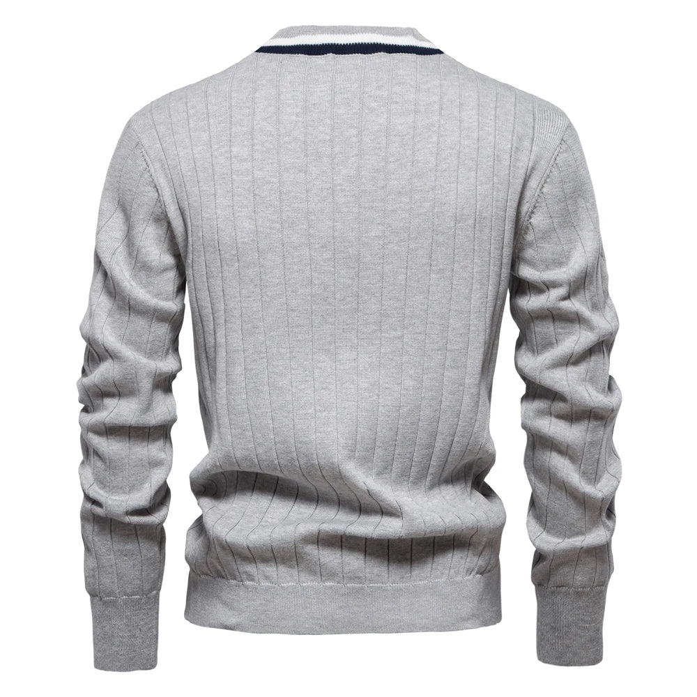 Men’s Gray V Neck Cotton Cardigan Back View – The Crew