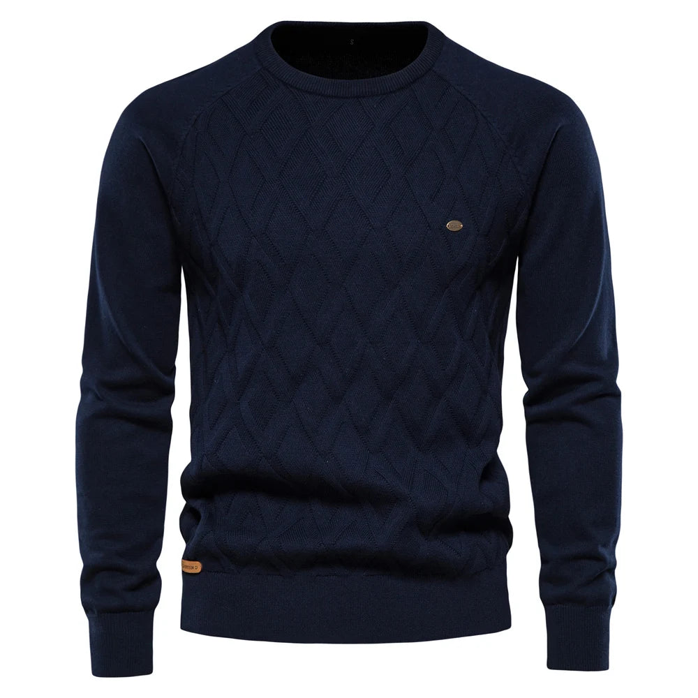 Men’s Navy Diamond Knit Cotton Sweater Front View – The Crew