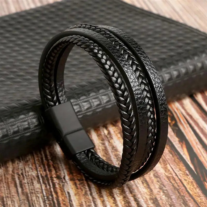 Black braided leather bracelet steel clasp – The Crew