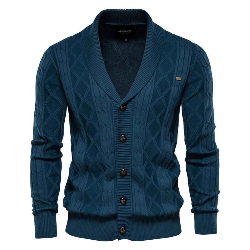 Men’s Teal Diamond Knit Cotton Cardigan – The Crew