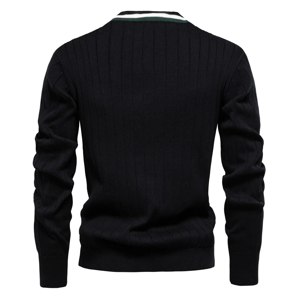 Men’s Black V Neck Cotton Cardigan Back View – The Crew