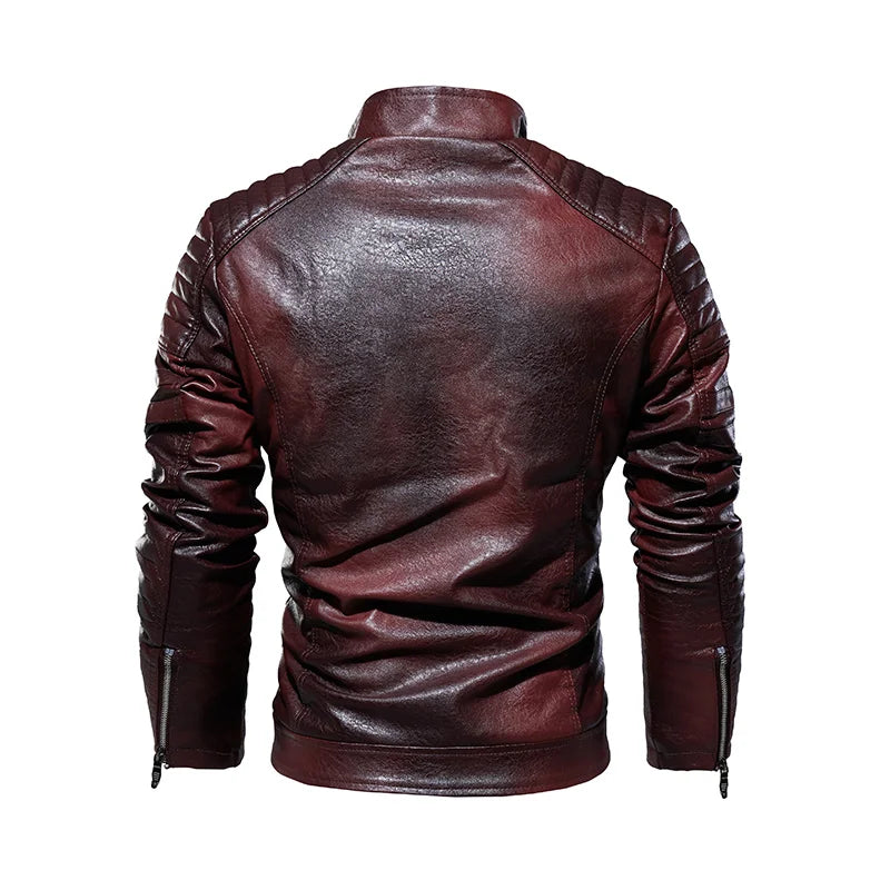 Burgundy biker jacket Back view – The Crew