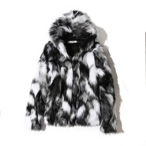 Black and white faux fur hooded coat front – The Crew