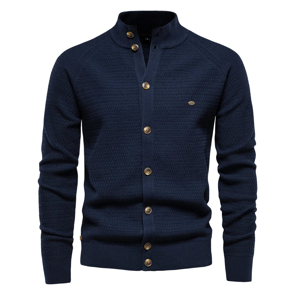 Men’s Navy Knit Cardigan Back View – The Crew
