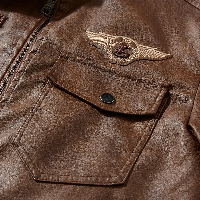 Embroidered chest patch detail biker jacket – The Crew