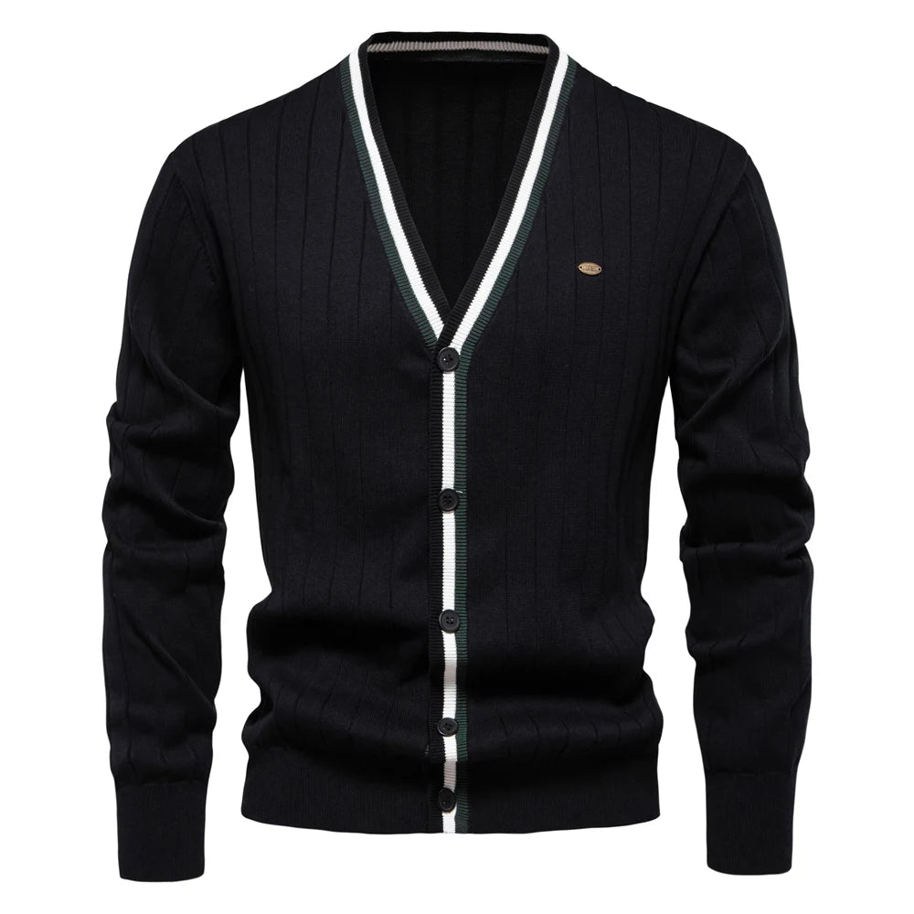 Men’s Black V Neck Cotton Cardigan Front View – The Crew