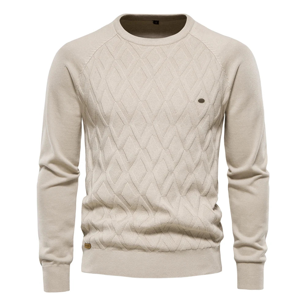 Men’s Beige Diamond Knit Cotton Sweater – The Crew