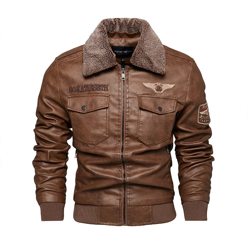Brown biker jacket front view – The Crew