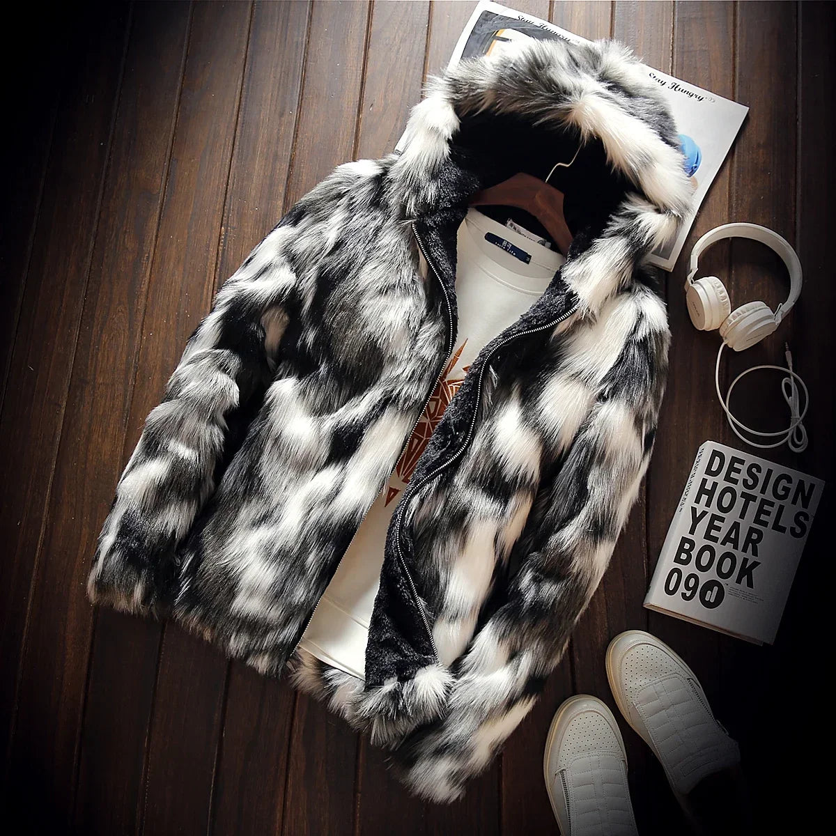 Hooded faux fox fur coat top view – The Crew