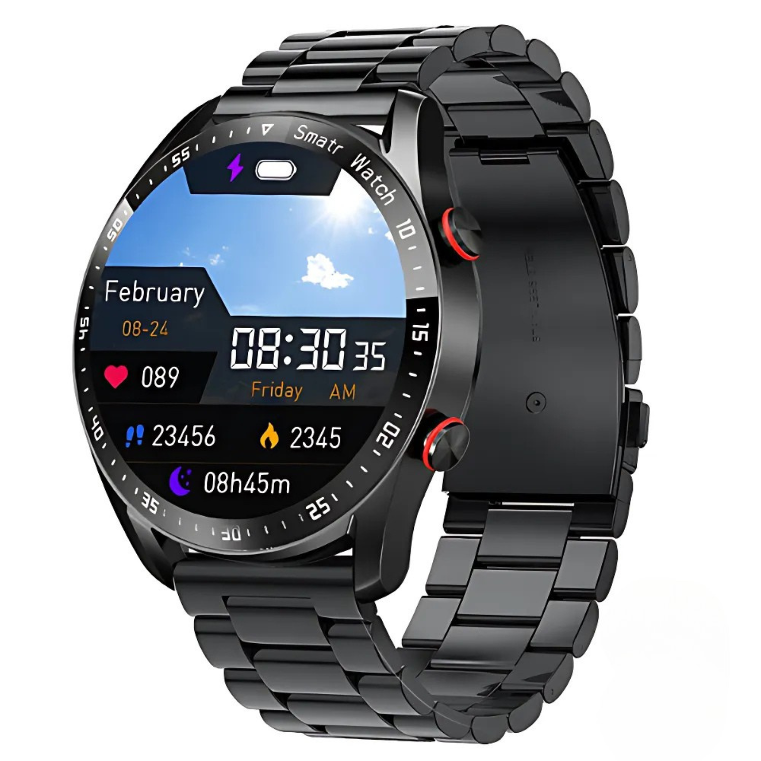 ECG Smartwatch Black Stainless Steel Band Front View – The Crew