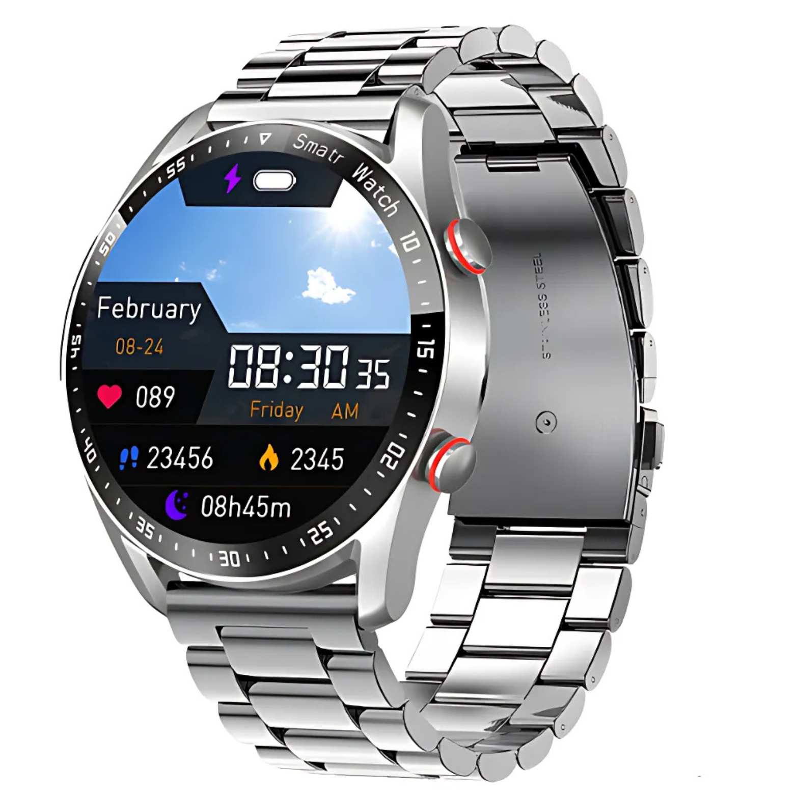 ECG Smartwatch Stainless Steel Band Side Profile – The Crew