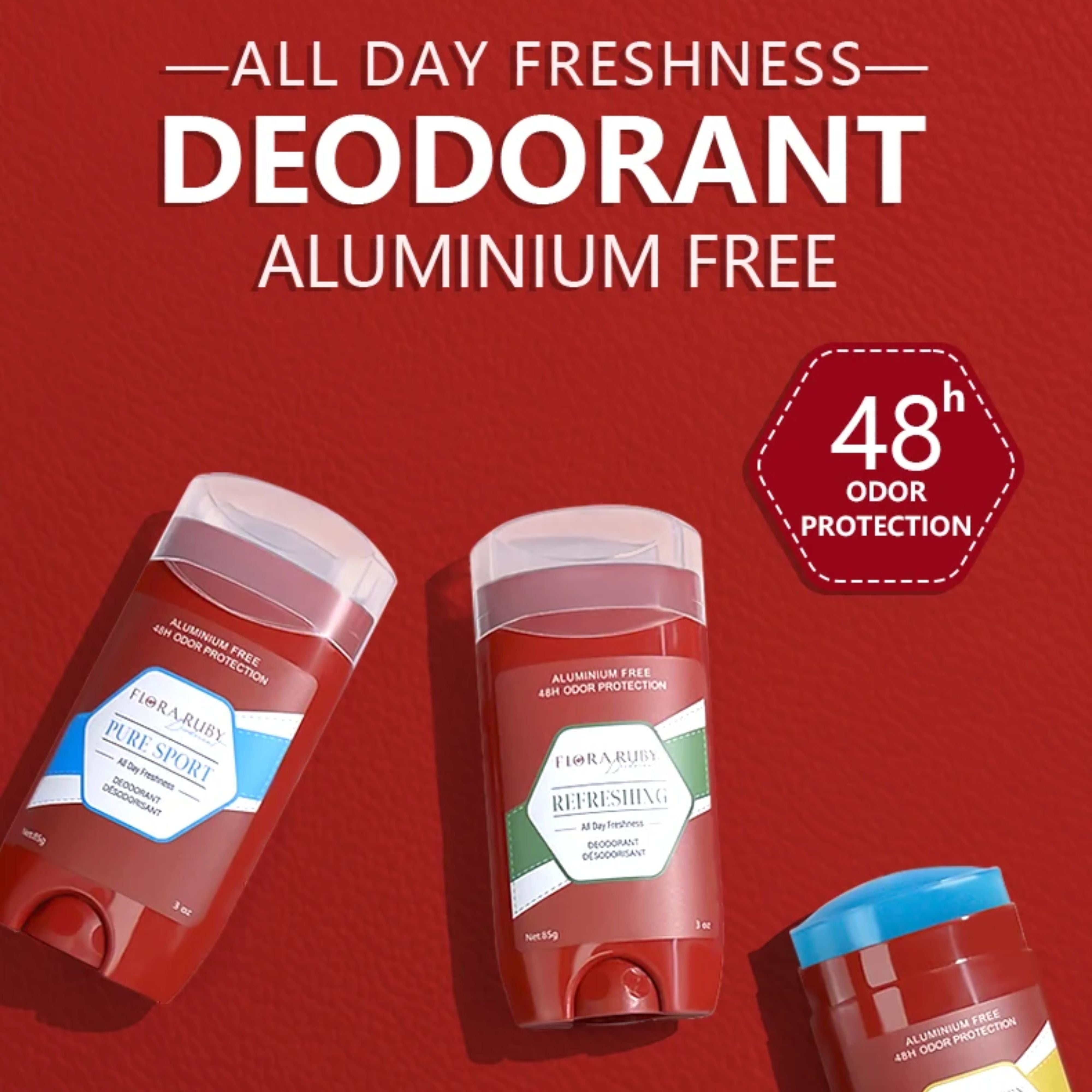 Flora Ruby deodorant sticks on a dark red background with text highlighting 48-hour all-day freshness and aluminum-free formula
