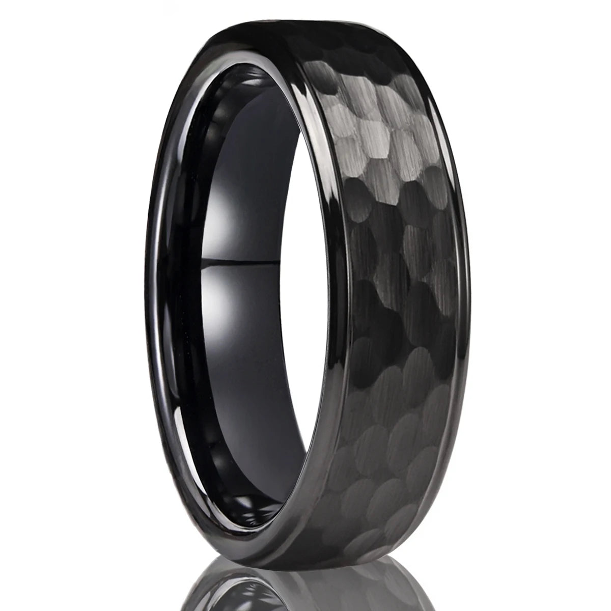 Alternative product angle of the matte black hammered tungsten carbide jewelry band, showcasing its scratch-resistant dark finish