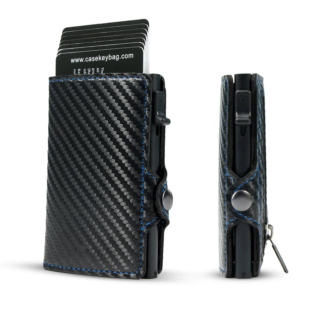 CaseKey premium black carbon fiber pop-up smart wallet featuring vibrant blue accent stitching, a side mechanical trigger, and a matching zippered leather back sleeve