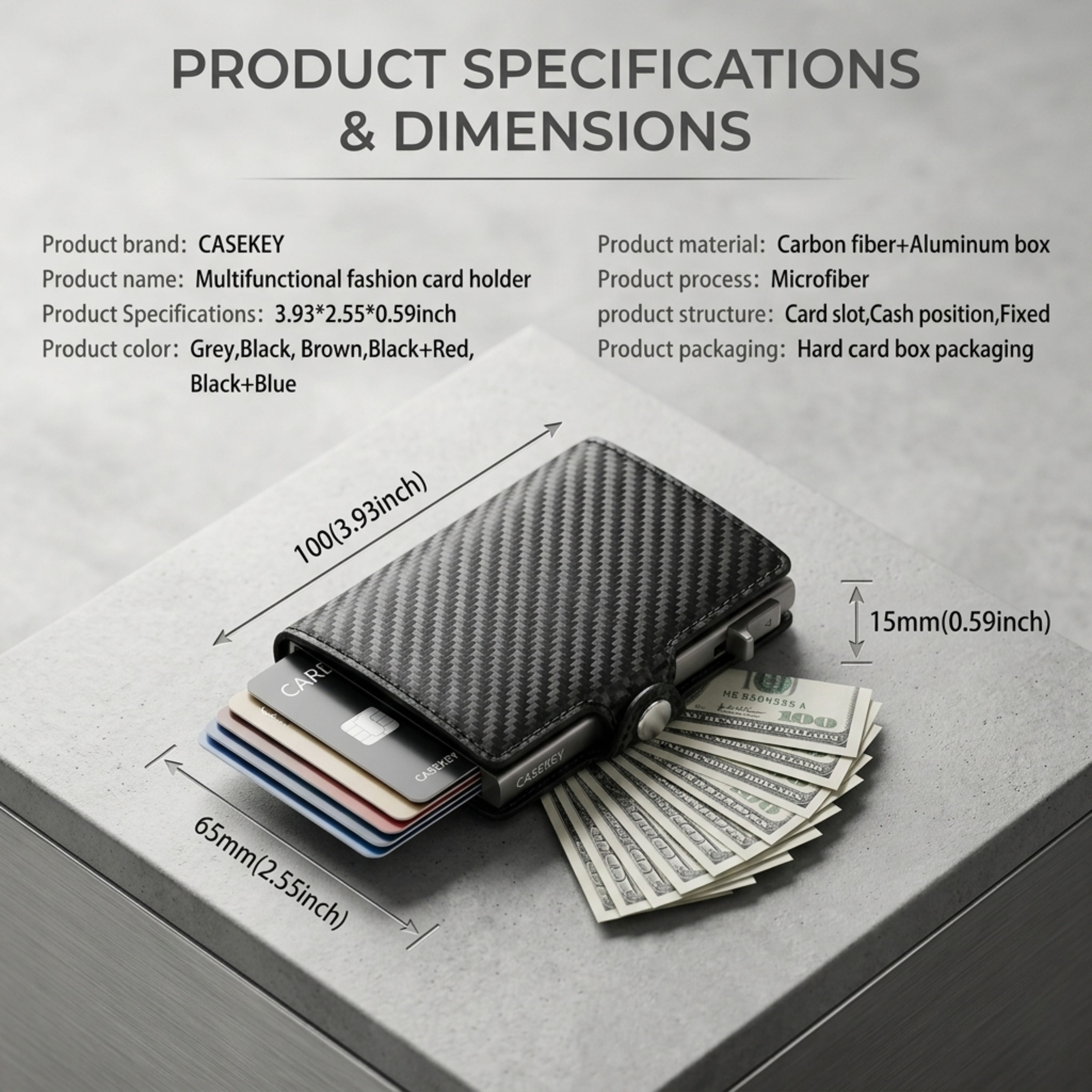 E-commerce dimension graphic titled Product Specifications & Dimensions, displaying technical metrics of the carbon fiber wallet next to stacked credit cards