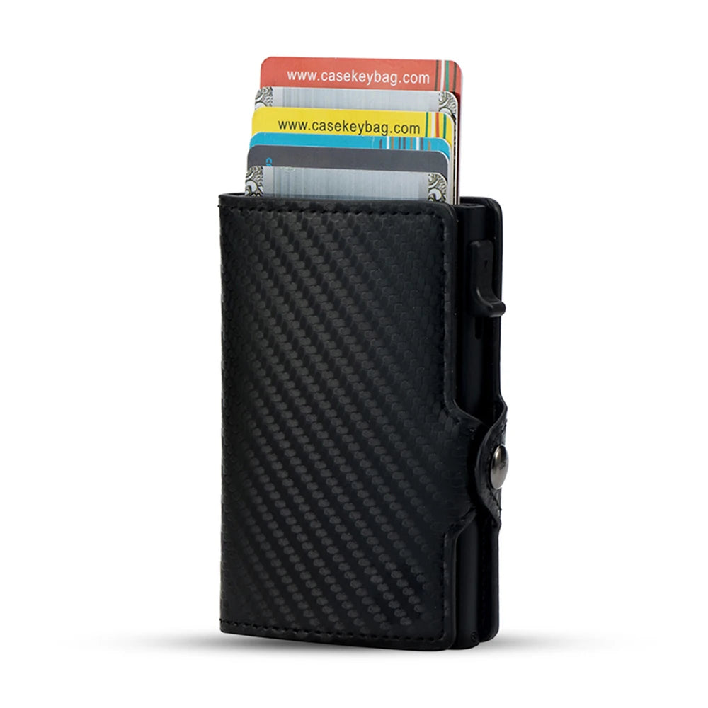 Front view of the compact CaseKey carbon fiber wallet showcasing the flush alignment of cards loaded into the aluminum alloy inner block